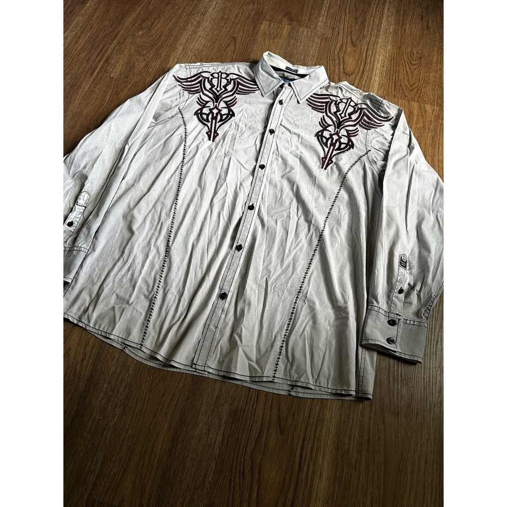 Roar Signature Y2K Embroidered Button Up Shirt Long Sleeve Mens XL Gray Stitched